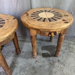 Pair of western rustic round side tables with stone inlay