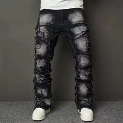 Fashion Streetwear HipHop Patch Spliced Men Straight Jeans Distressed Male Slim Biker Denim Pants
