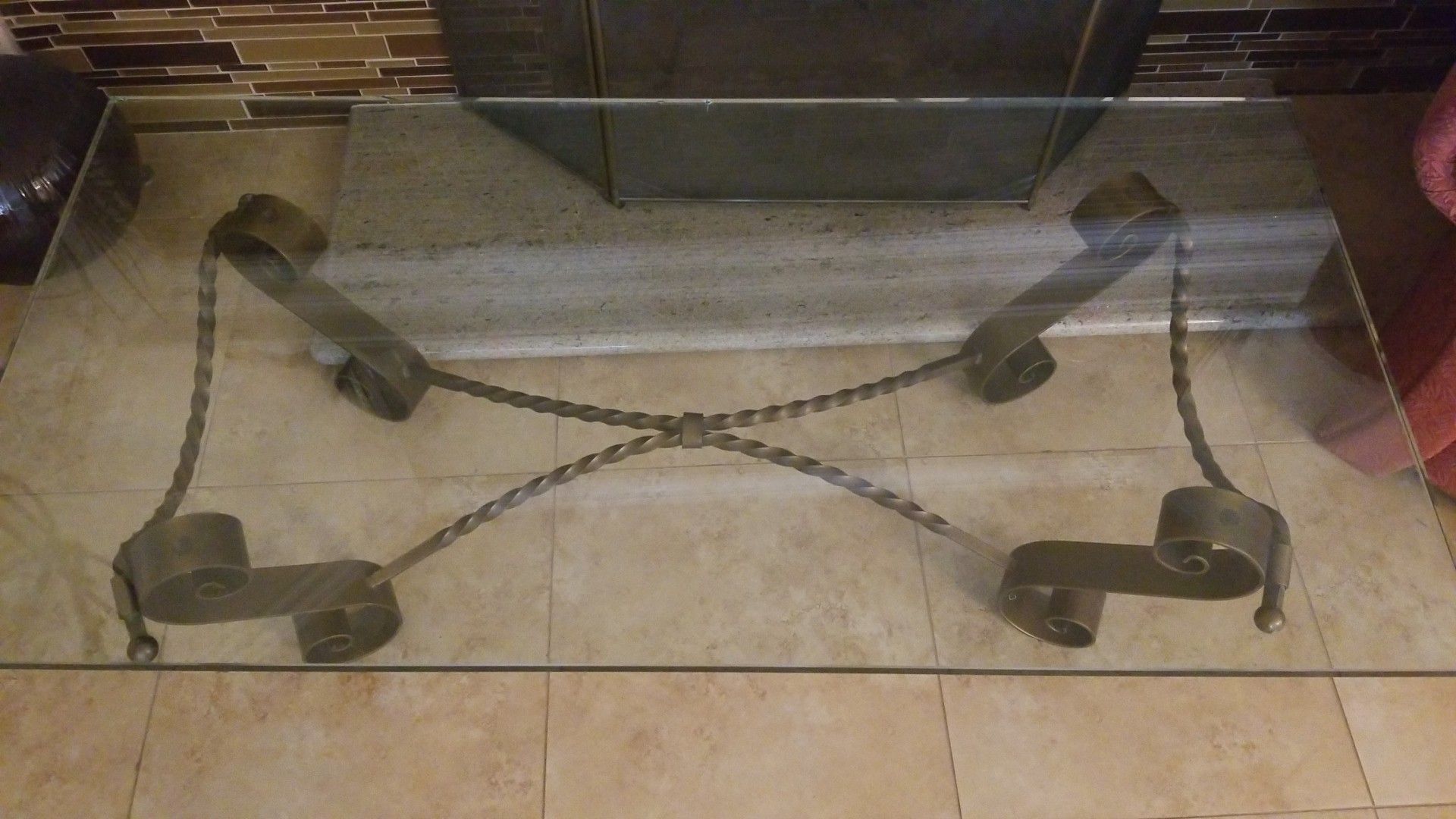 Coffee and two end tables- Glass top, wrought iron