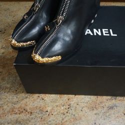 Chanel Black Gold Tip Pearl Heel Booties 