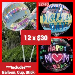 12 Bobo Printed Balloons wit Cup and Stick Mother's Day 