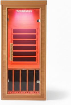 1969g  Homsido Red Light Therapy Infrared Sauna for Home – 1300W 110V 1-Person Indoor Wood Sauna w/Carbon Crystal Heaters, Red Light Lamp, Post-Workou