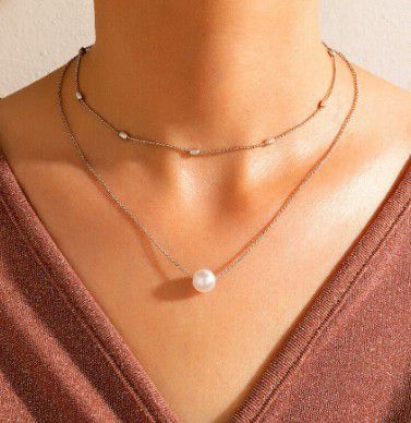 BRAND NEW WITH TAG IN PACKAGE SILVER PLATED 2 LAYER PEARL PENDANT CHOKER NECKLACE GIFT FOR HER 