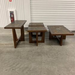 Solid wood coffee table set with slate tile top. set of four