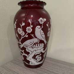 Anchor Hocking Royal Ruby Hoover Vase - Vintage 9” with Etched Bird Design