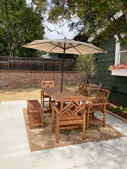 Outdoor furniture set dining with patio EXTENDABLE umbrella bench chair real wood teak rug