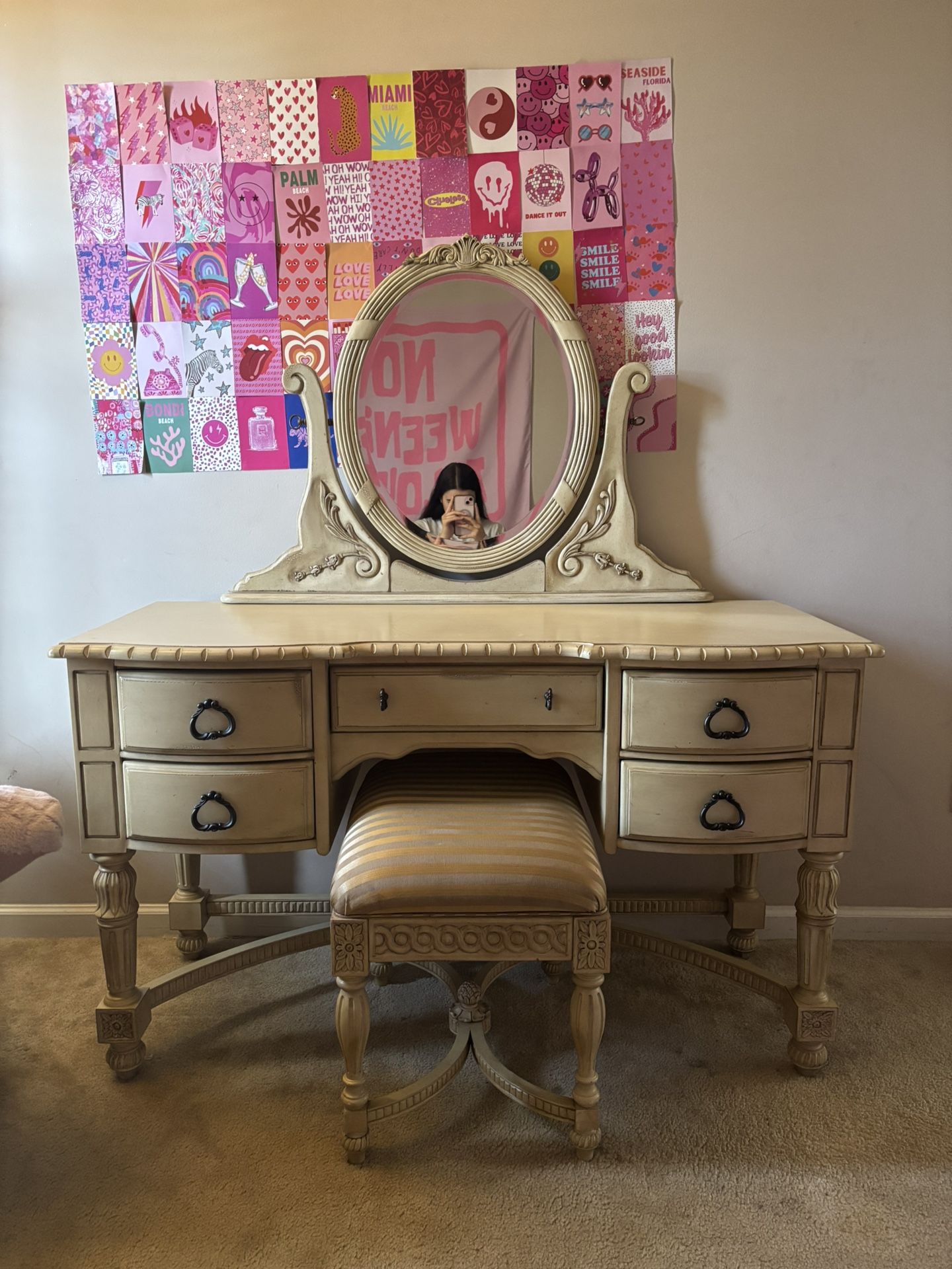 fully custom solid wood vanity, mirror, and stool