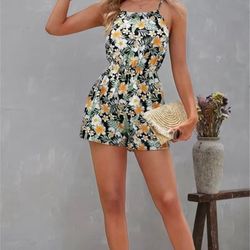 Floral Print Cami women’s Romper Jumpsuit, Casual Sleeveless Romper XXL