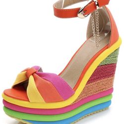 Rainbow Sandals for Women - Ankle Strap High Heel Platform