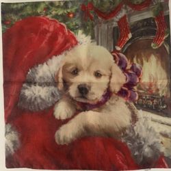 Christmas Throw Pillow Cover Winter Puppy by Fireplace Holiday Decor 17” by 17”