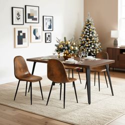 Homy Casa Stan 5 Piece Walnut Dining Table Set 63” Table with 4 Suede Brown Charlton Upholstered Chairs
