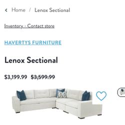 Haverty’s Light Grey Lenox Sectional Couch W/ Storage Ottoman