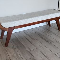 Mid Century 2 Toned Walnut Solid Wood Bench With Off White Geometric Pattern Upholstery