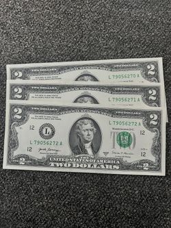 PACK OF 3 NEW $2 BILLS! UNCIRCULATED & CONSECUTIVE SERIAL NUMBERS!