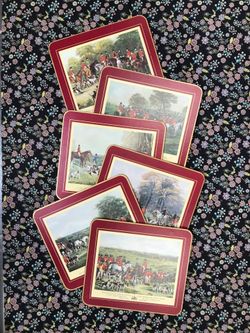 Vintage set of 6 Clover Leaf OLD HUNTING Cork Back Placemats Vintage Hardboard Table Mats