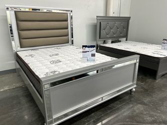 Silver Mirrored Bed Frame with Upholstered Headboard