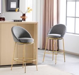 Set of 2 Indoor Metal Upholstered Barstool Gold-Plated Frame and Mixed Gray Upholstery