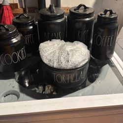 Rae Dunn black canister and accessories bundle look at each picture and tortilla holder all new