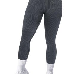 Women Ribbed Seamless Leggings High Waisted Workout Gym Yoga Pants (Size Large/ Prewashed Black)