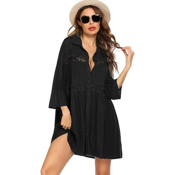 Hotouch Swimwear Button Down Cover Up Crochet Black Beachwear Small Half Sleeves