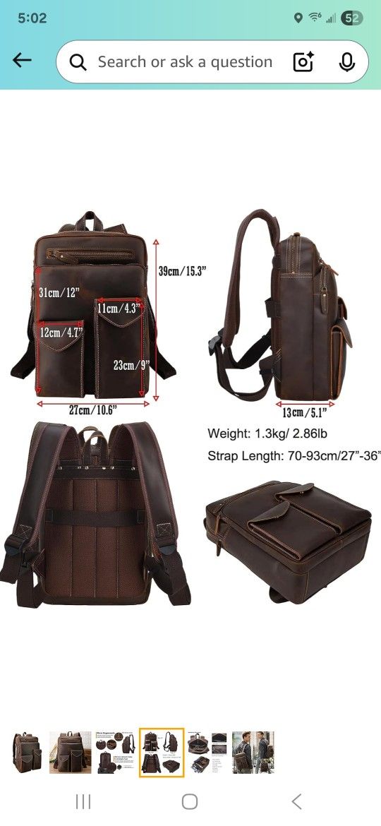 Small Mens Full Grain Leather Backpack for Men Purse Vintage 14 Inch Laptop Bag Business Work Hiking