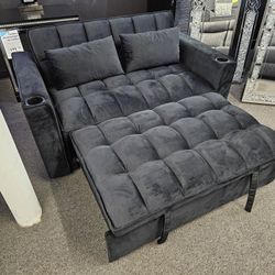Brand New Sofa Pull Out Bed Futon Black Velvet With 2 Cup Holder $389