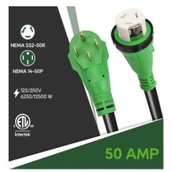 RVGUARD 50 Amp 15 Foot RV Power Cord, 14-50P to SS2-50R Generator Extension Cord, Heavy Duty STW Cord with LED Power Indicator and Cord Organizer, Gre