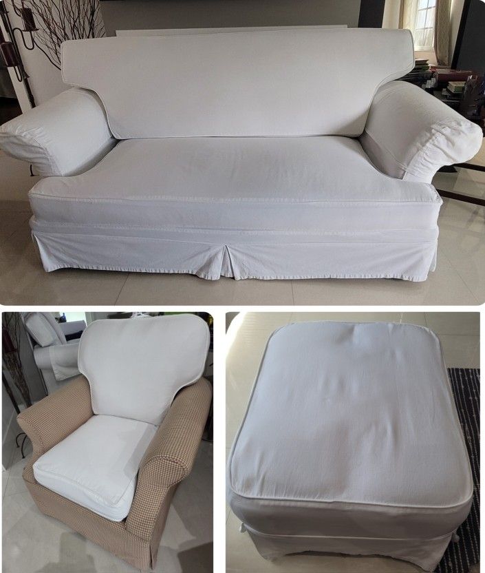 Vintage Sofa, Chair, Ottoman With Removable White Cover