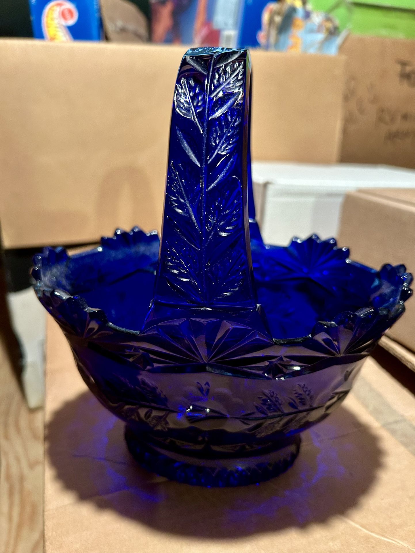 Cobalt Blue Basket Cut Glass Crystal Vintage Dish Decor