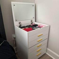 Modern Vanity Dresser with Built-In Seat + Feather Lamp - Great Condition!