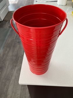 Used red 11” tall metal pail/vase