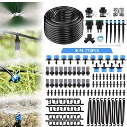 132ft/40m 178PCS Drip Irrigation Kit, 1/4" Blank Distribution Tubing, Automatic Irrigation Equipment Set with Adjustable Nozzle for Greenhouse Flower