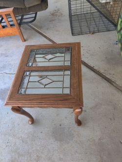 Oak End Table with Leaded Glass Top