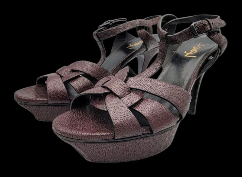 Saint Laurent Burgundy Leather Tribute Ankle Strap Sandals Size: 40/9.5 Usa