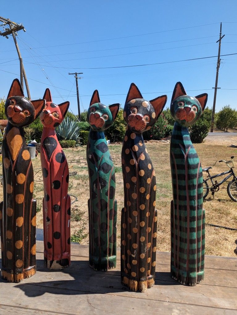 Hand-Painted Wooden Cat Sculptures, 38 Inches, Vibrantly Colored