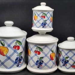 Vintage Jay Imports Ceramic Kitchen Countertop Canister Set ~ 4-pc with Lids ~ Fruit Design