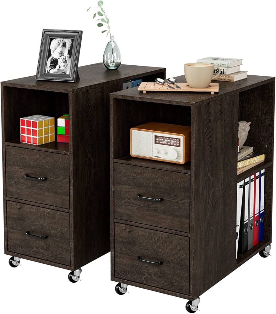 2Pcs, End Side Table, Narrow Nightstand with Storage Drawers and Adjustable Shelf, Rolling Bedside Table for Bedroom, Living Room, Home Office, Dark B