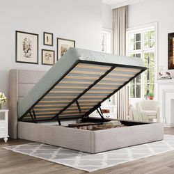 A160 $165  Queen Size Lift Up Storage Bed, Modern Wingback Headboard, Hydraulic Support, No Box Spring Needed, Light Beige  Size Queen Material Fabric