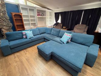 Large Teal Blue Sectional Sofa with Chaise