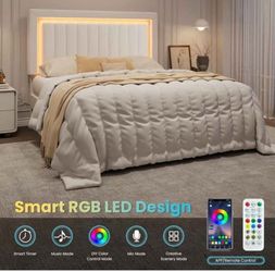 Queen bed Velvet Bed Frame with LED Light, White Adjustable Vertical Channel Tufted Headboard, Strong Wooden Slats Support, Noise-Free, No Box Spring 