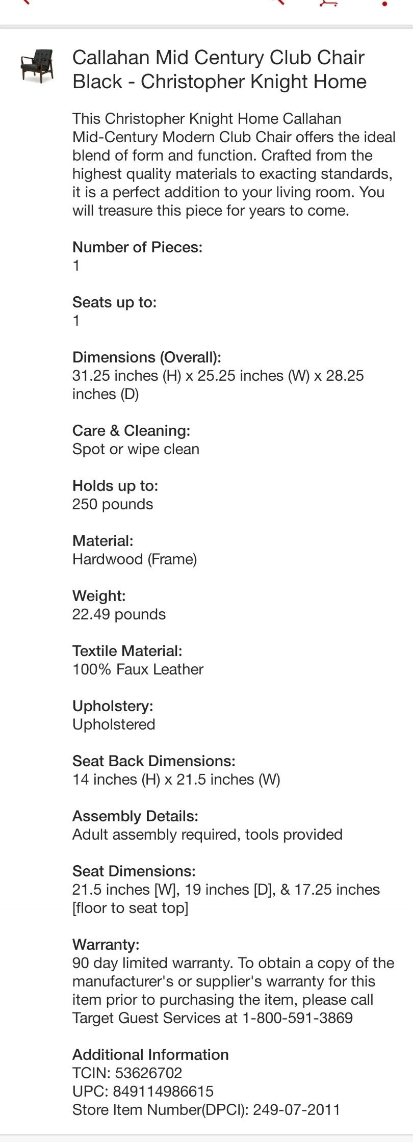 Callahan mid century club chair black