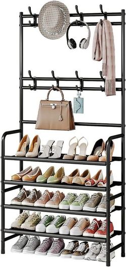 Coat Rack Shoe Rack With Storage Hooks Standing Organizer 4 Tier - Black, 10"x31"x66"