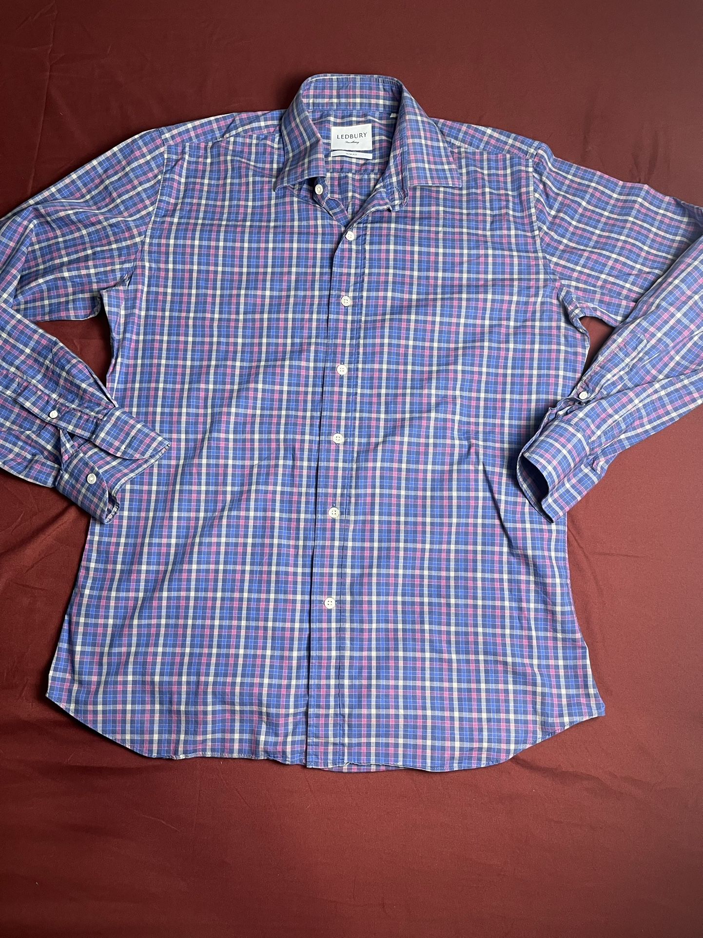 Ledbury Slim fit button-down purple plaid shirt men’s large
