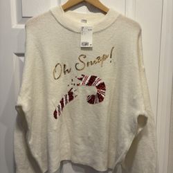 Brand New White Candy Cane “ Oh Snap” Sweater - women’s size Large - Gift - Simi Valley 