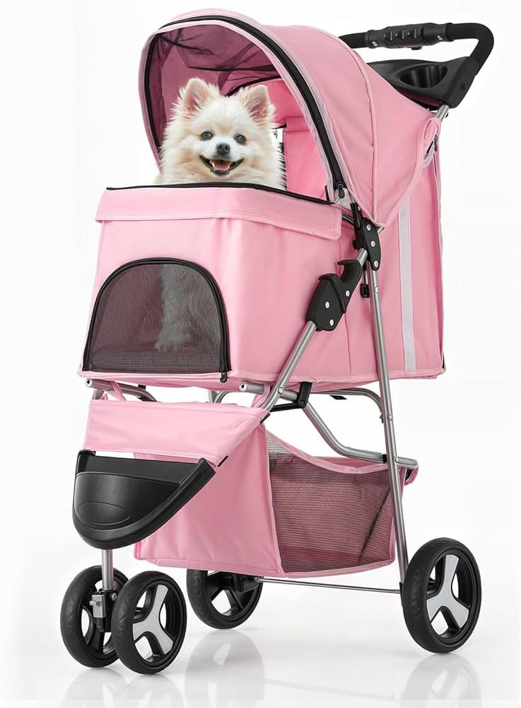 3 Wheels Pet Dog Cat Stroller for Small Medium Dogs Cats, Lightweight Foldable Jogger Stroller w/Storage Basket and Cup Holder,