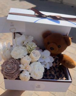 Candle Flower and teddy bear plushie box gift
