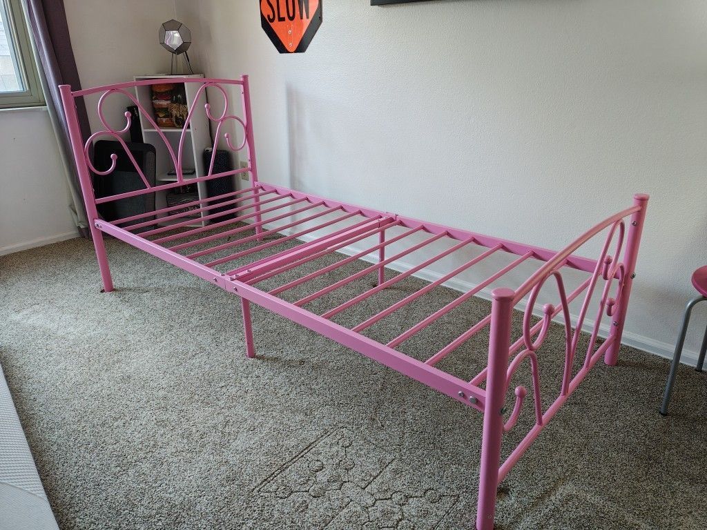 Pink Metal Twin Bed With Mattress