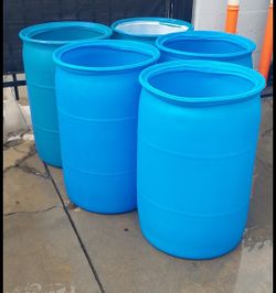 CLEAN, REFURBISHED 55 Gal Plastic Drums HDPE # 2 Barrels Trash Can Water Storage Containers Recycling Rain Barrel Plastic Drums Gray Water Storage