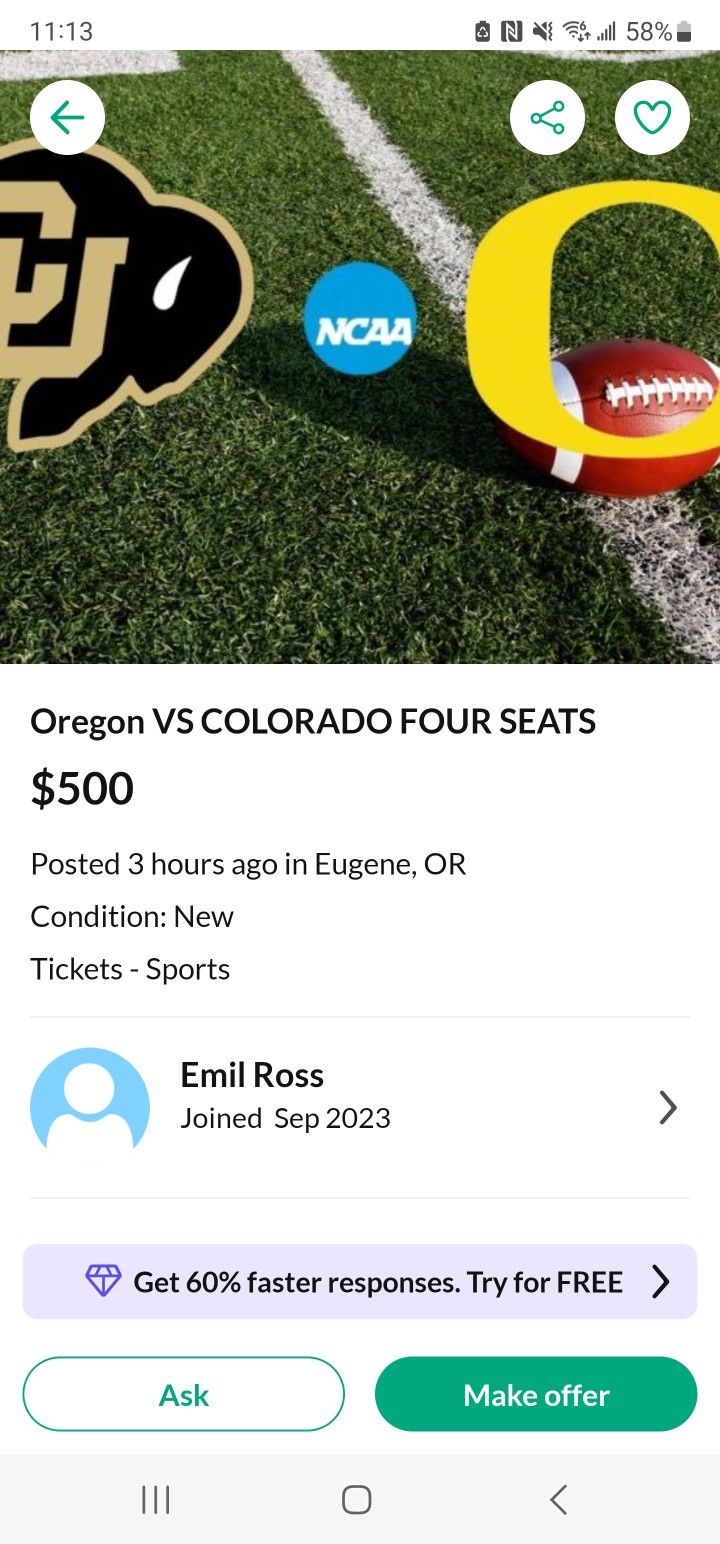 Emil Ross TICKET SCAM - COLORADO VS OREGON
