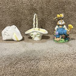 Easter bunny lot of 3  Figures basket carved rabbit